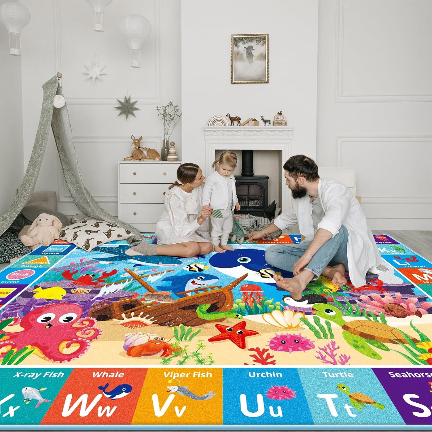 Baby Play Mat for Floor, Ocean ABC Kids Play Mat, Sea Animals Kids Rugs for Girls and Boys Playroom, Foldable Kids Rug Mat for Baby Toddler Infants Crawling Playing (78.7X59 INCH)