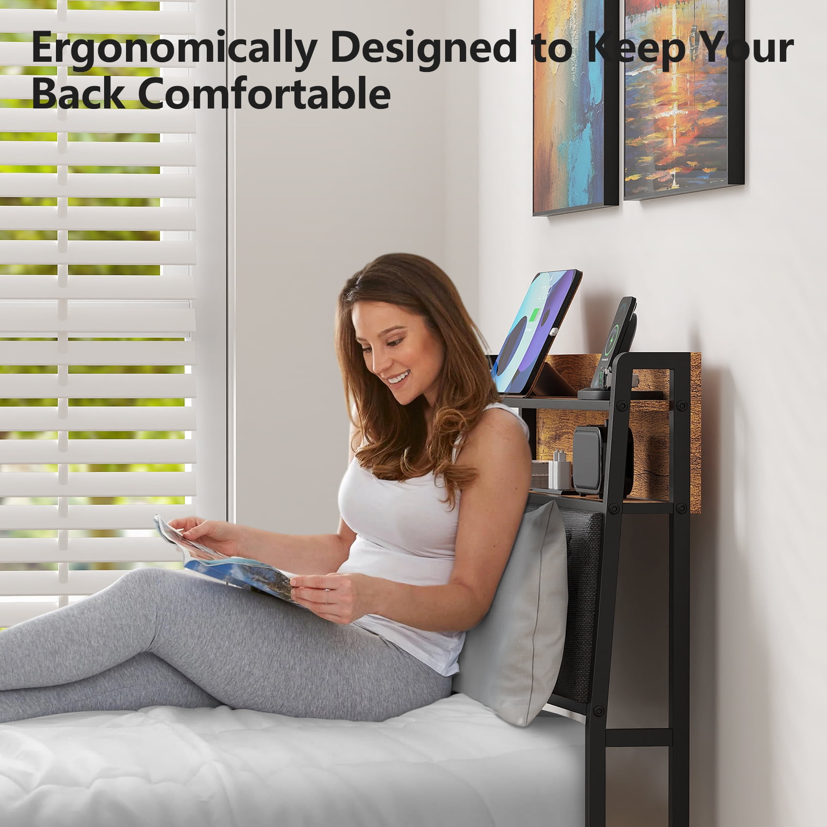 Frmobepts Twin Bed Frame with LED Light, Power Outlets & USB Charging Port, Upholstered Headboard with Storage, Metal Platform Bed, Gray