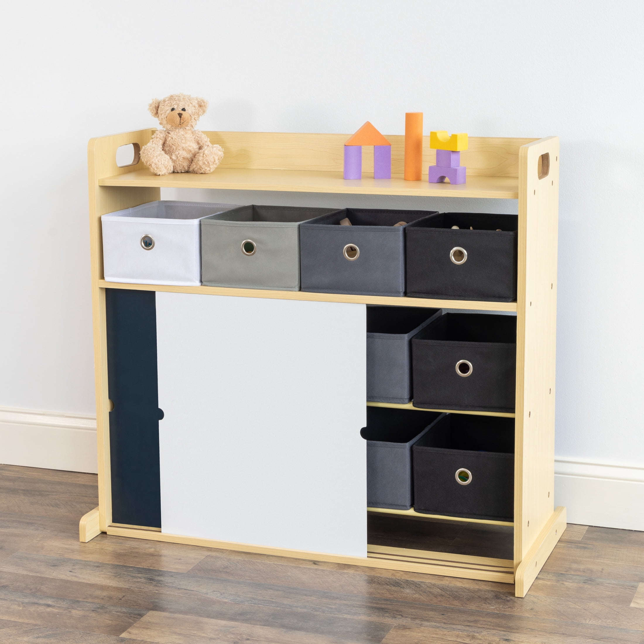 Humble Crew Kid Toy Storage Organizer with 12 Fabric Bins & Doodle Doors, Natural/Black/White/Grey