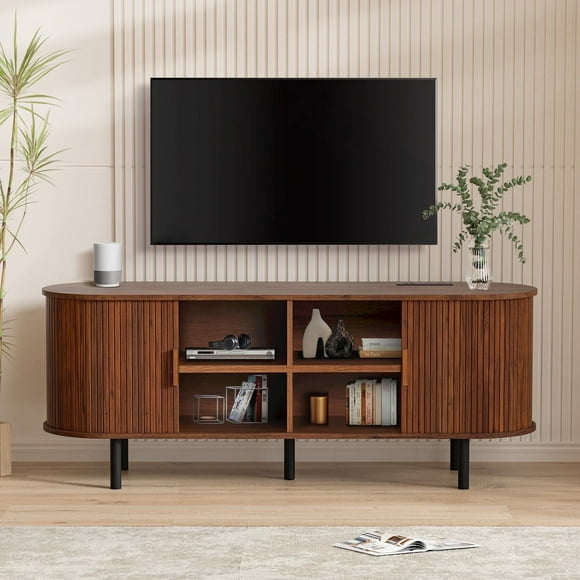 MARNUR 55" TV Stand pour Télé de 60 Pouces, Centre de Divertissement en Bois avec Rangement et Étagères, 2 Portes Tambour Coulissantes, Style Mi-Siècle Moderne
