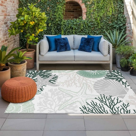 Outdoor Rug 3x5 ft Ocean Coral Starfish Outdoor Large Area Rug Non Slip Rubber Sage Green Coastal Shell Conch Front Door Mat RV Rug Carpet Patio Outdoor Rugs for Backyard Balcony Deck Porch Indoor