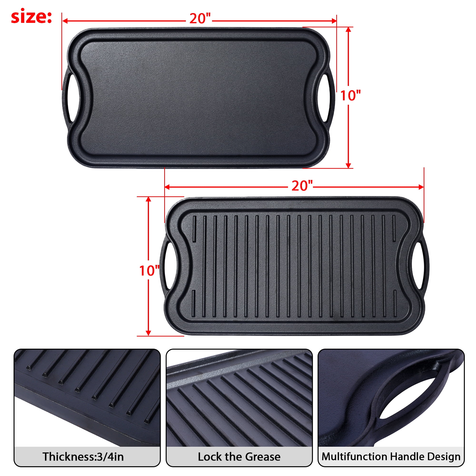 Seasoned Cast Iron Reversible Rectangular Grill/Griddle, Black,20 inch x 10inch