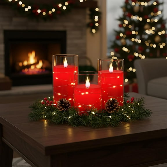 Homemory Flickering Flameless Candles with String Lights, Christmas Battery Operated Candles, Embedded String Lights LED Candles, Unbreakable Plexiglass Candles with Remote, Set of 3, Red