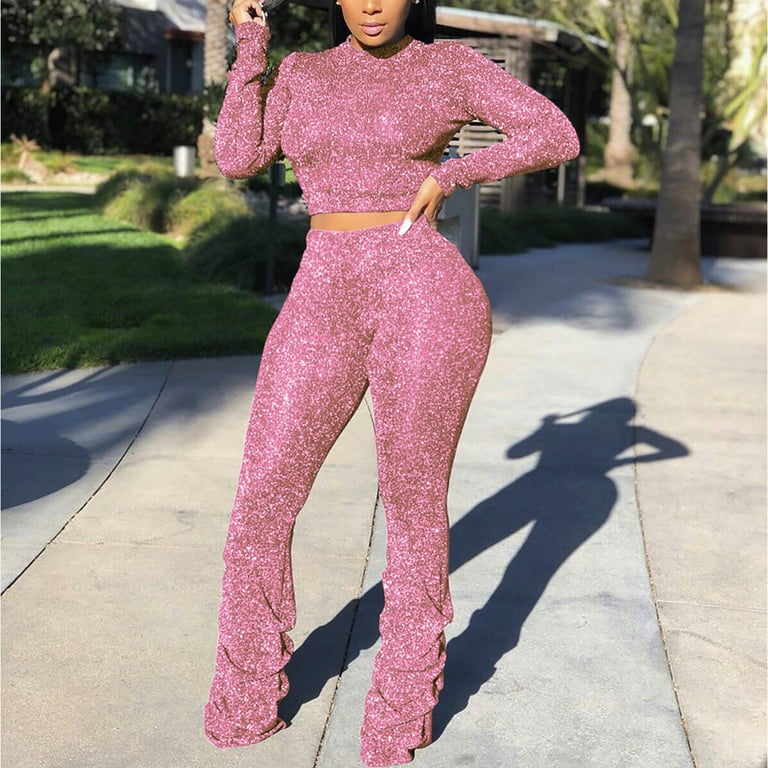 YWDJ 2 Piece Outfits for Women Dressy Plus Size Fashion Silver Line Pleated Pants Long Sleeve Pullover Set Pink XXL