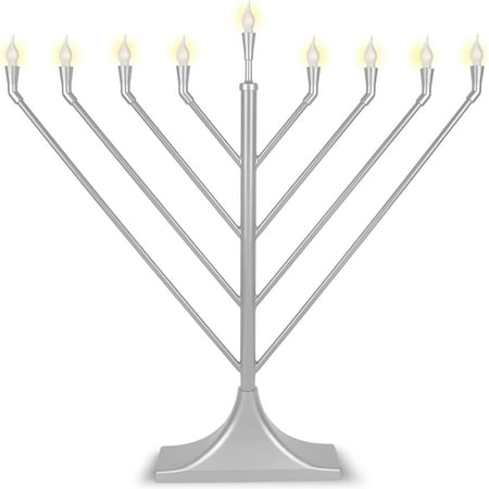 Large Hanukkah LED Angled Display Menorah With 10 Frosted E10 Bulbs Flame Shaped Bulb Traditional Rambam Chanukiah USB Electric Minorah Chabad Chanukah Decorations by Zion Judaica Satin Silver