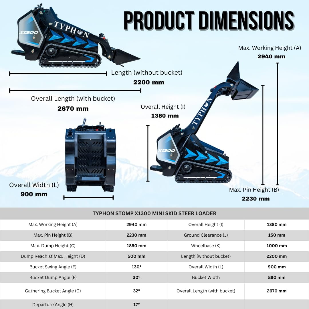 TYPHON STOMP X1300 Mini Skid Steer Loader, 25HP Kubota D1105 EPA Diesel Engine, Compact Track Loader, Vertical Lift, High-Pin Boom