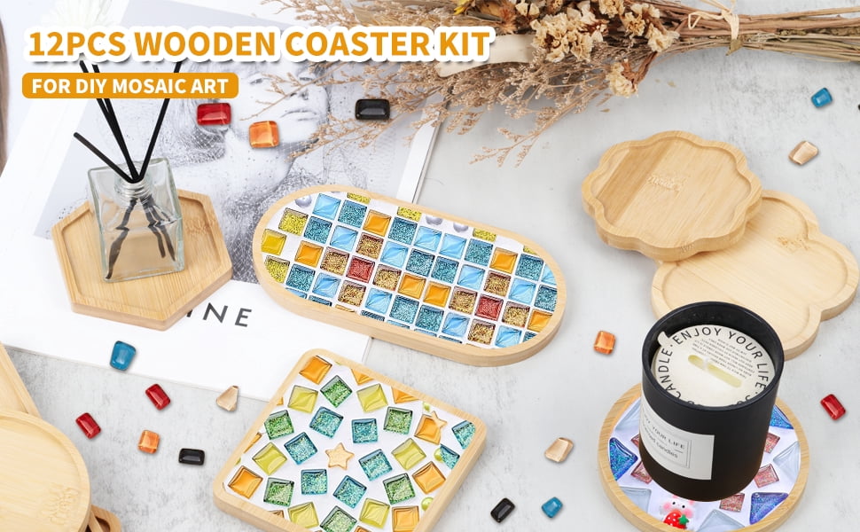 12 pcs Wooden Mosaic Bases, Assorted Shapes DIY Blank Base Trays Drinking Cup Coaster Wood Surface for Handmade Glass Tile Crafts & Mosaic Art Supplies