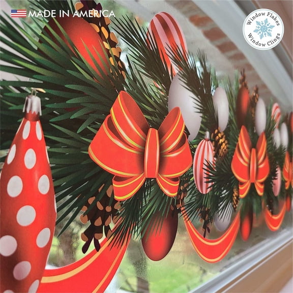 Window Flakes Fir Cone, Ribbon and Ornament Window Cling Decal Christmas Holiday Vinyl Border Large