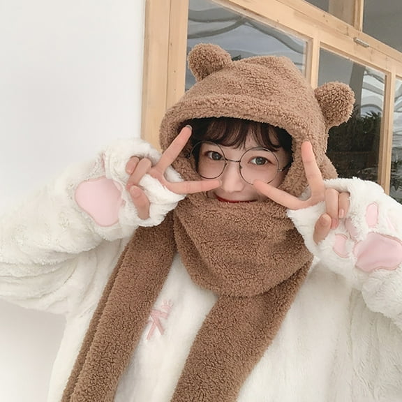 Dyfzdhu Women Cute Cartoon Thick Hat Ear Protectors Warm Plush Scarf Set Brown