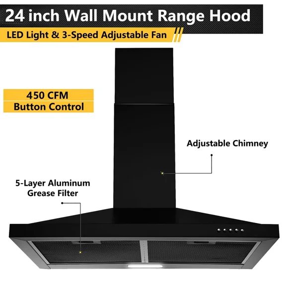 24 inch Range Hood Black,Stainless Steel Chimney-Style Kitchen Hood, Ductless Stove Hood Vent with Energy Saving LED Light,Wall Mount Vent Hood, Push Button 3-Speed Exhaust Fan