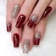 thumbnail image 1 of 24 piezas de uñas postizas largas de color rojo vino oscuro con diseño elegante en degradado de color rojo vino, uñas postizas brillantes con purpurina dorada, uñas acrílicas naturales de color rojo s, 1 of 5