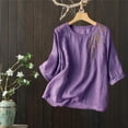 thumbnail image 2 of T Shirts For Women Womens Tops 3/4 Sleeve Linen Shirts For Cotton Summer Retro Embroidered Boho Tops Casual Trendy Vacation Blouse, 2 of 4