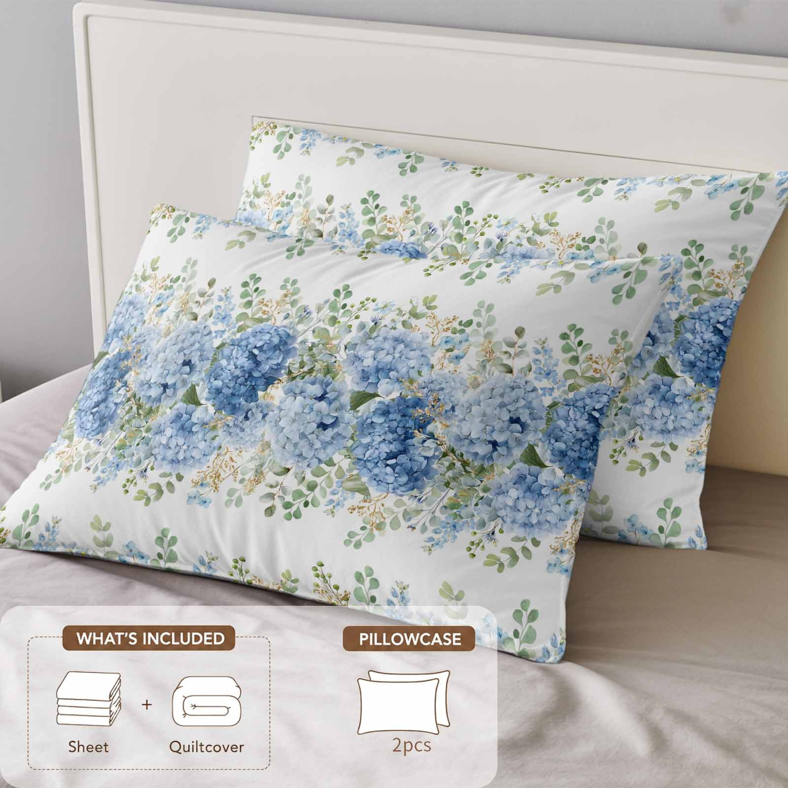 Blue Hydrangea Farm Eucalyptus Queen Size Bed Set,Vintage Linen