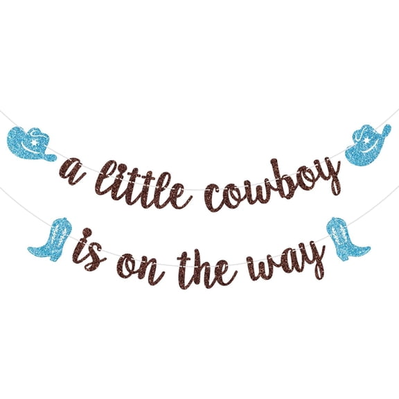 A Little Cowboy is on The Way Banner, Cowboy Baby Shower Party Decor, Western Rodeo Theme Baby Shower Birthday Party Decorations, Brown and Blue Glitter