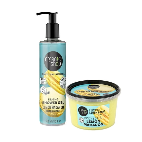 Organic Shop Lemon & Mint Exfoliating Body Scrub + Skin Hydrating Shower Gel, French Lemon Macaron - 100% Vegan & Organic, Daily Exfoliant, Detox & Moisturizer - Intensive Care & Skin Toning