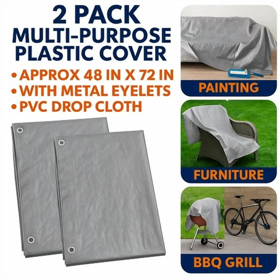 2 Pack Multi-Purpose Plastic Cover 48" X 72" Drop Cloth With Metal Eyelets Gray