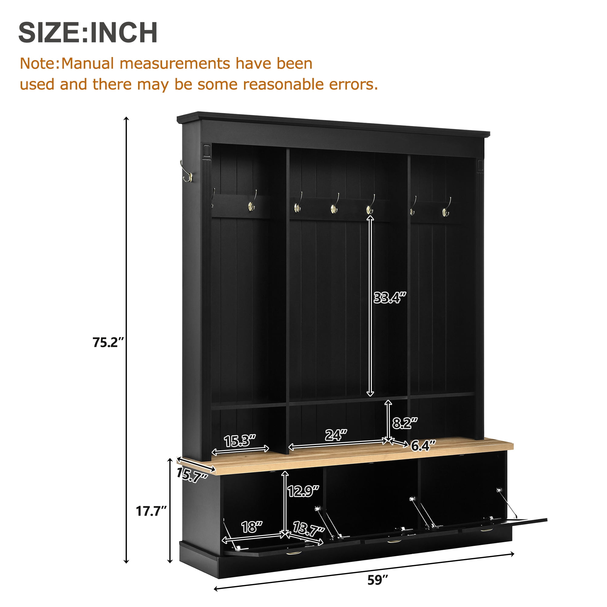 HOQBN 75" Hall Tree with LED Light,Bench & Shoe Storage,Entryway Coat Rack with 9 Hooks and 3 Large Cabinets,Farmhouse Entryway Organizer with Shelves for Hallway, White