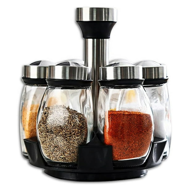 Organizador de especias giratorio, estante de especias de acero inoxidable con frascos de vidrio transparente, diseño que ahorra espacio para el hogar, la cocina, el comedor, resistente al calor,