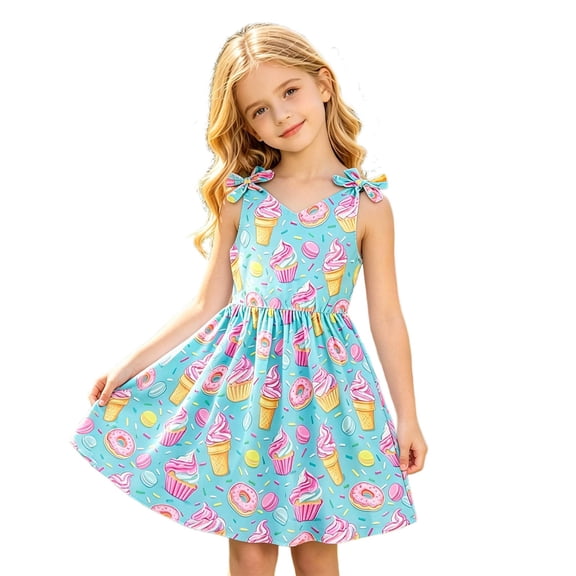 WhouRiu Girls Casual Cartoon Graphic Dresses Sleeveless V Neck A Line Dress Kids Comfortable Cute Summer Everyday Sundress,5-6 Years