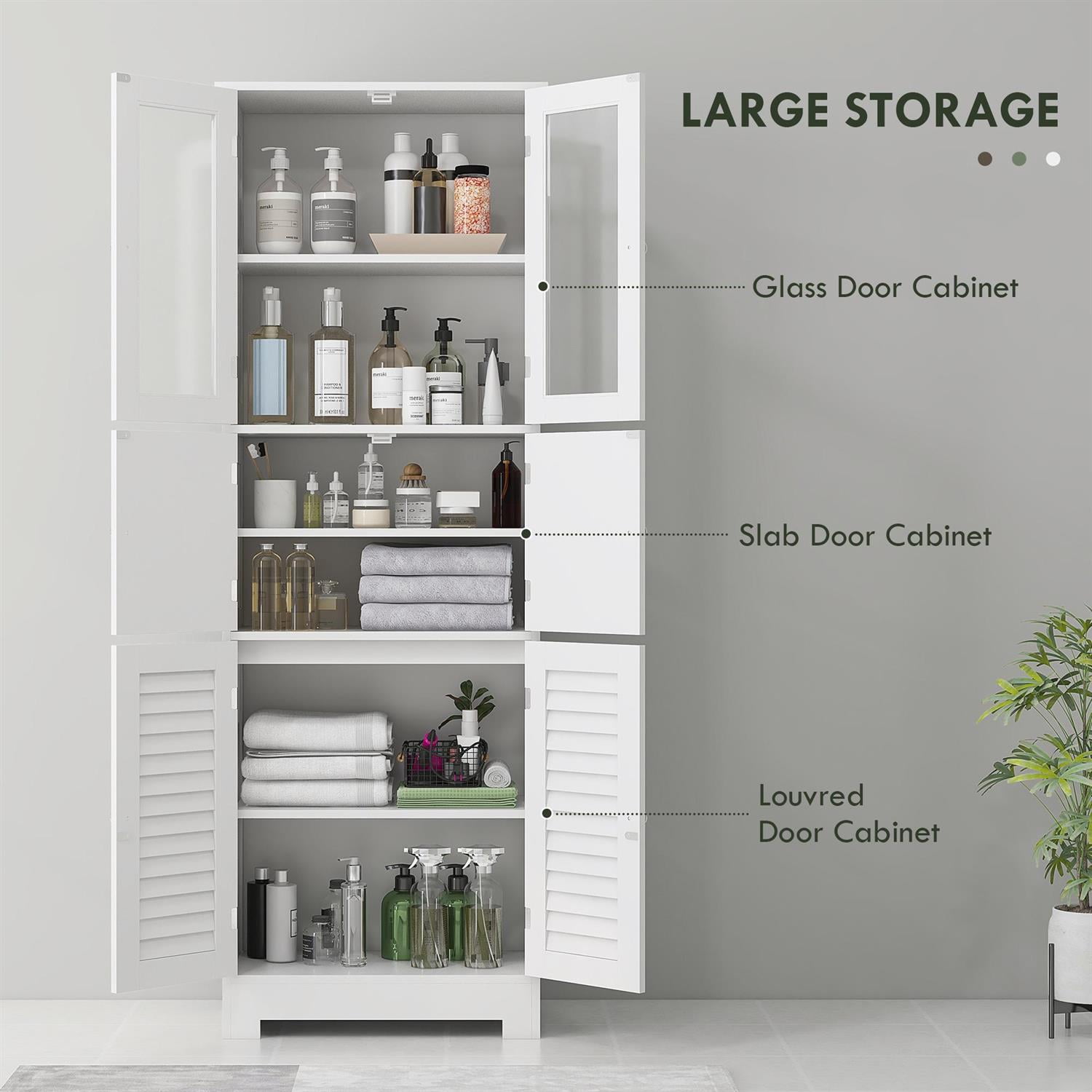 Demi Bonn 67" Tall Bathroom Storage Cabinet with Glass & Louvred Doors Adjustable Shelf Cabinet for Modern Spaces, White
