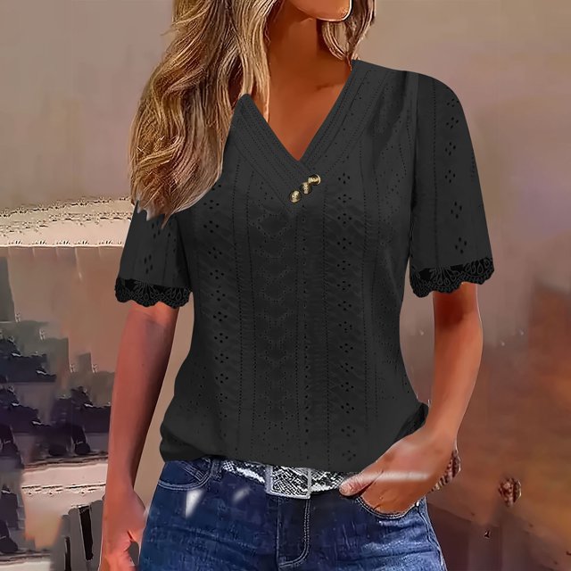 AOOCHASLIY T-Shirt d'Été Plissé à Manches Courtes pour Femmes Col en V Couleur Unie Mignon
