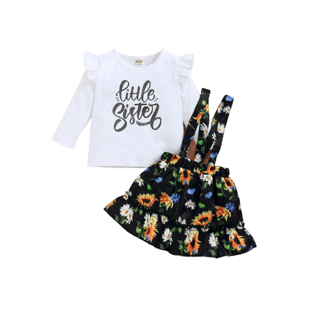 

Mikrdoo Baby Girls Clothes little sister Print Shirt Sunflower Straps Suspender Skirts 2Pcs Outfits White 6-9 Months