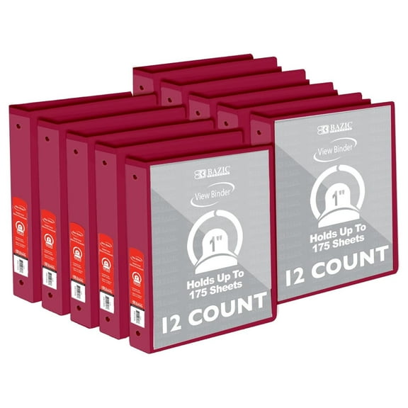 BAZIC 3 Ring Binder 1" Economy View Binders Organizer - Burgundy, Round Ring, Hold 175 Sheets Paper, for School Office Home, 12-Count 12-Pack