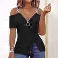 thumbnail image 3 of TKLPEHG Womens Tops V-Neck Zipper Cold Shoulde Top Loose Short Sleeve T Shirt Casual Fashion Comfy Summer Clothes Lightweight Solid Color Blouses (Black,XL), 3 of 6