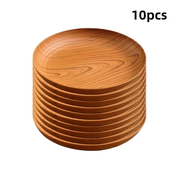 10 Pcs Plastic Wooden Plates, Wood Grain Plates & Round Serving Platter, Lightweight Dessert Serving Plates for Home, Snack Shops & Fruit Trays