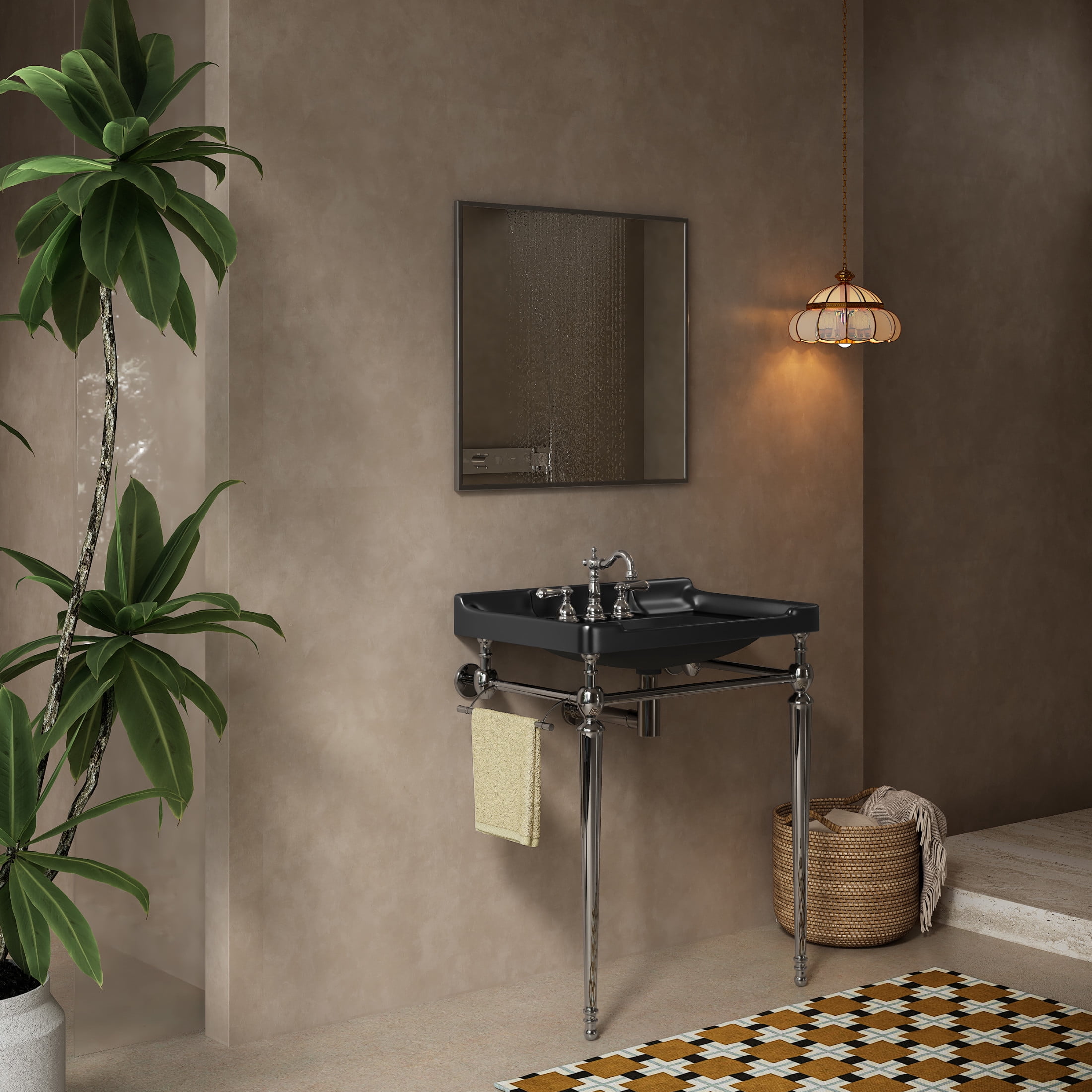 Noble House VICI 28" Bathroom Console Sink, Wall-Mounted Ceramic Basin Vanity with Stainless Steel Legs, Black & Chrome