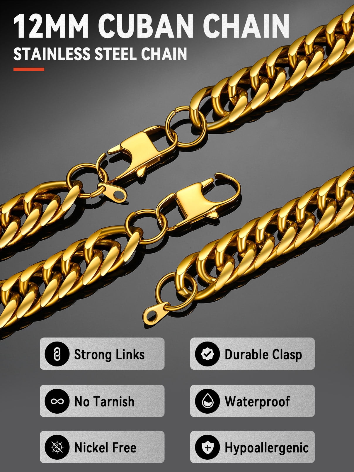 FaithHeart Miami Cuban Link Chain Necklace for Men 14K Gold Plated Stainless Steel 12mm Curb Chains Mens Necklace Hip Hop Jewelry Gift for Brother Friends 28 inch