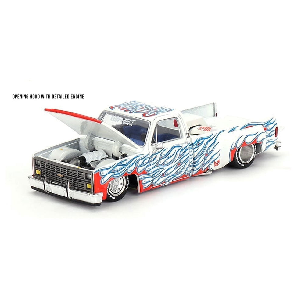 Chevrolet Silverado Dually Pickup Truck "On Fire V2" White Met w/Blue Flames and Blue Interior 1/64 Diecast Model Car by Mini GT