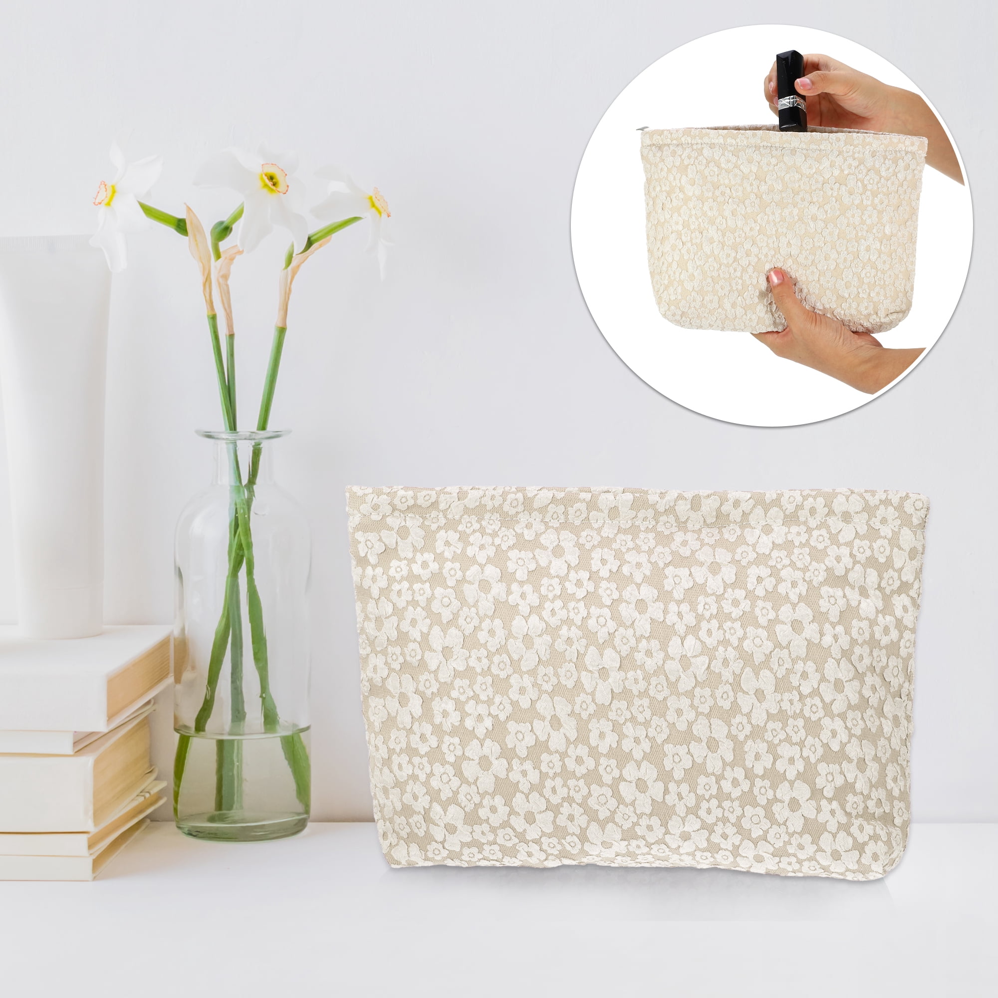 Unique Bargains Flower Cosmetic Bags Canvas Large Capacity Makeup Pouch Lipsticks Beige