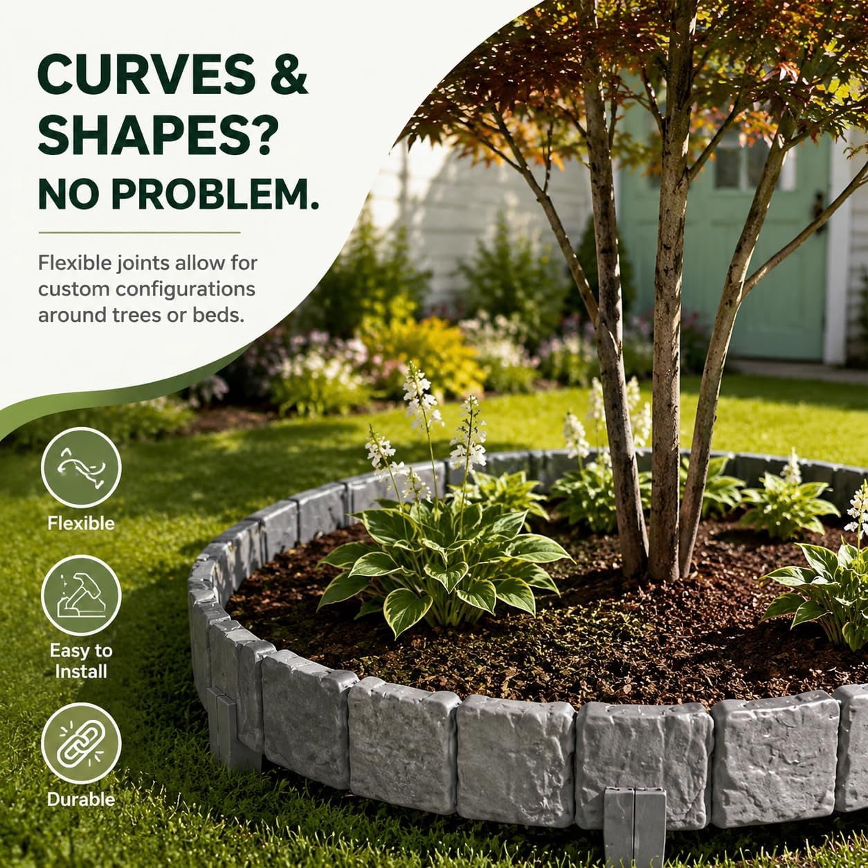 Imitation Stone Garden Fence, Plastic Retaining Edging Border Grey Cobbled Effect Landscape Decor Interlocking Decorative Panels, Flower Bed Path Lawn Outdoor Picket Yard (10, gray)M