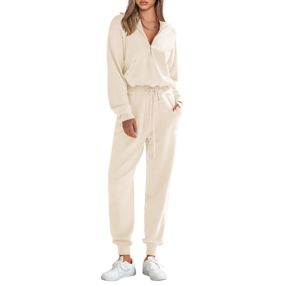 Conjunto Deportivo PRETTYGARDEN Mujer 2 Piezas Pulóver con Cierre Beige Talla L