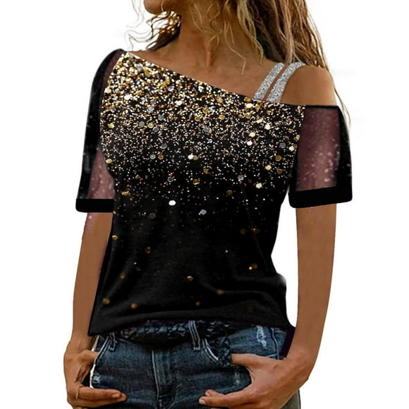 Sequin Tops for Women Summer Mesh Patchwork Short Sleeve Tshirts Double Spagetti Strap Off the Shoulder Blouses