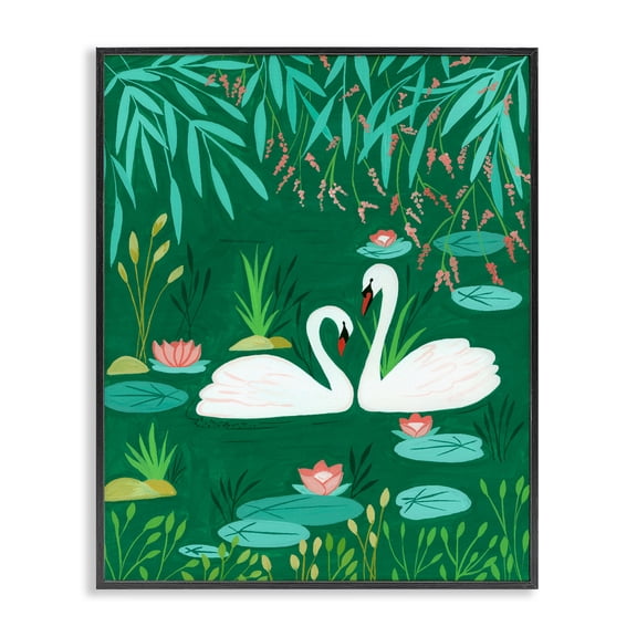 Swan Pair on Green Pond Black Framed Giclee Art, design by Nabeela Rumi