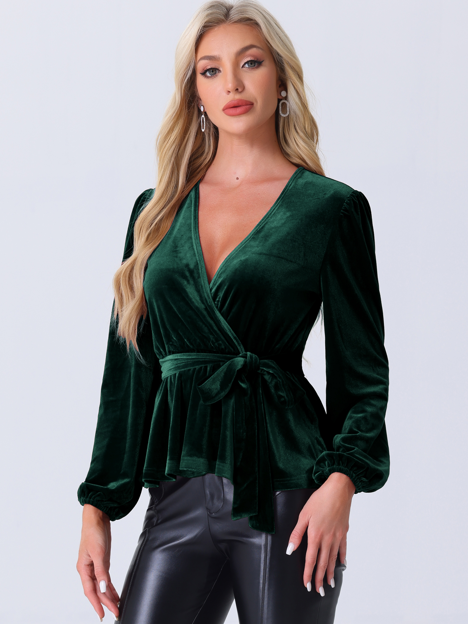 DARING DIVA Tie Waist Long Sleeve V Neck Blouse XS Dark Green