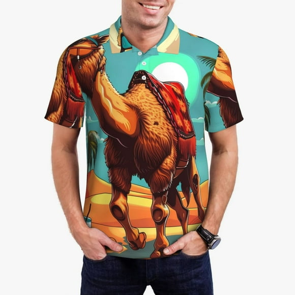 Saiise Cool Camel Oasis Vibes Print Mens Golf Shirt Moisture Wicking Quick-Dry Print Performance Polo Shirts for Men-XX-Large