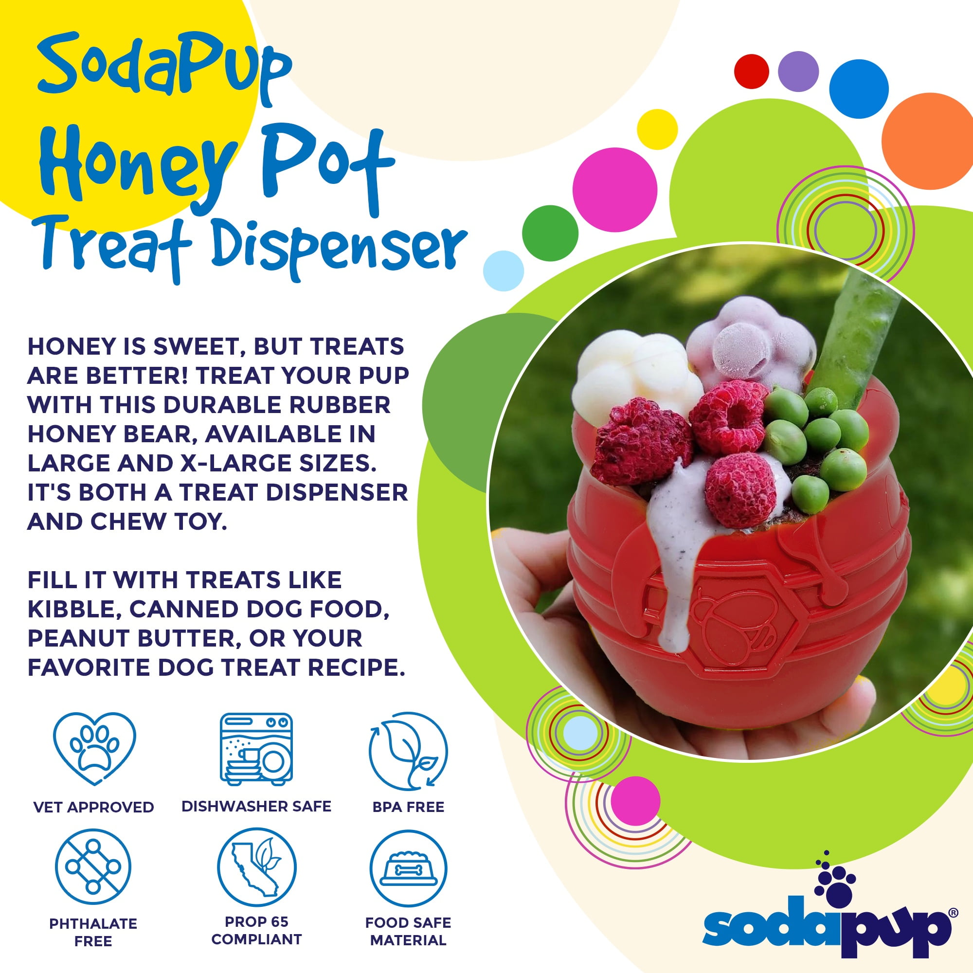 SodaPup Honey Pot –Durable Dog Treat Dispenser & Enrichment Toy Made in USA from Non-Toxic, Pet Safe, Food Safe Natural Rubber Material for Mental Stimulation, Problem Chewing, Calming Nerves, & More