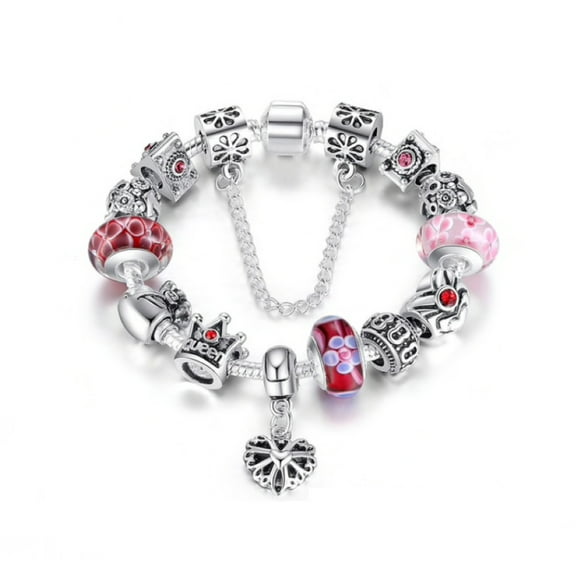Silvertone Pink Charm Bracelet With Heart Charm