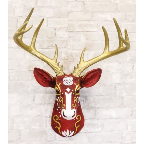 Sweet Rose Red Parade Buck Stag Deer Golden Antlers Scrollwork Wall Decor Plaque