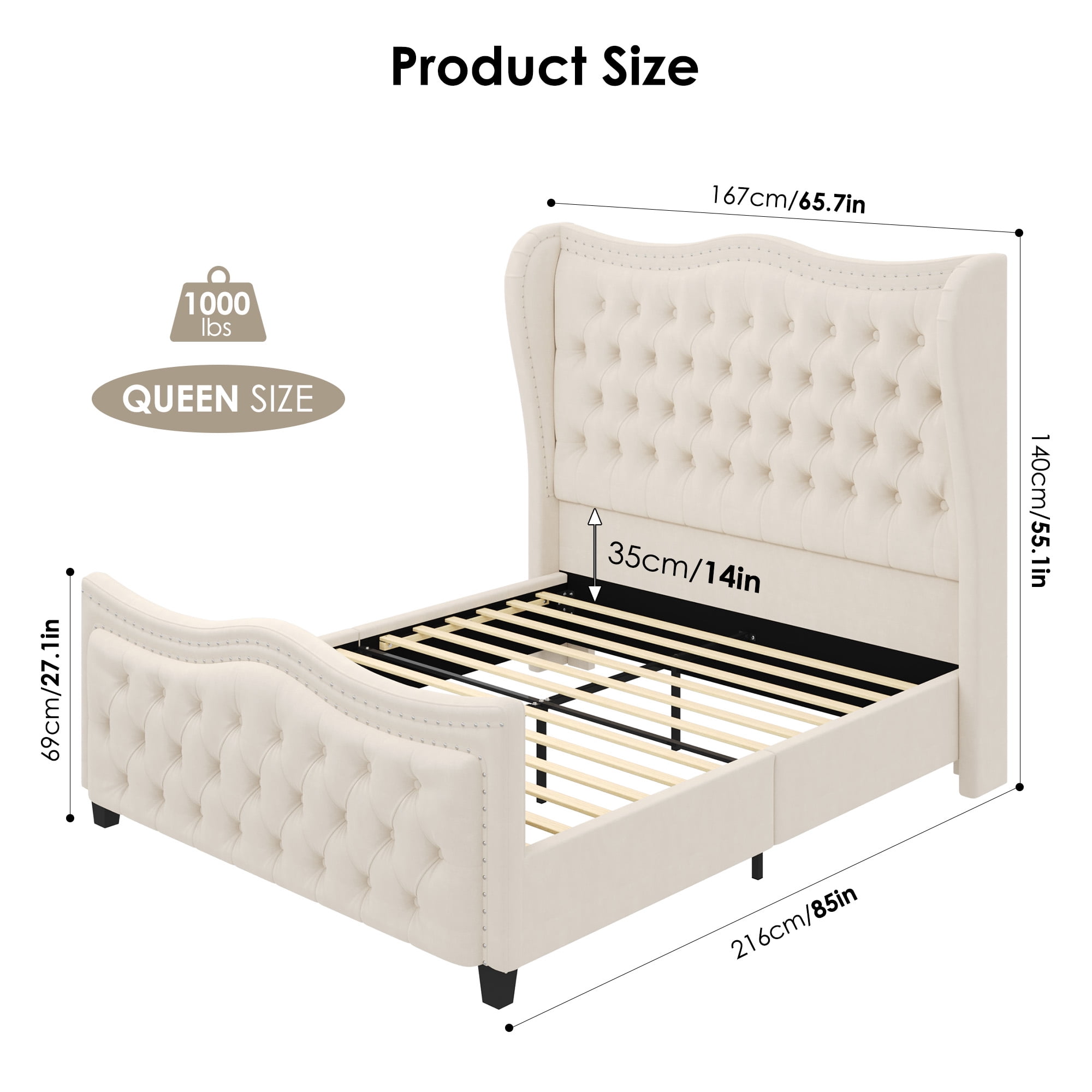 Homfa Queen Size Bed Frame, Modern Velvet Tufted Wingback Bed, Platform Bed with 55"H Upholstered Headboard, Off-White