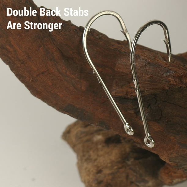 dual fish hooks back to back Daiichi 7131 Double Salmon Hook #8 / 6 Pack / Black paired with MUSTADs 7691S stainless hook Double Hook Rig Offshore Fishing