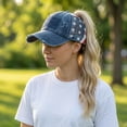 thumbnail image 5 of American Flag Embroidered Mesh Baseball Cap for Women, 4th of July Independence Day Washed Distressed Cotton Ponytail Hat Breathable Trucker Cap for Outdoor Travel Summer Wear, 5 of 5
