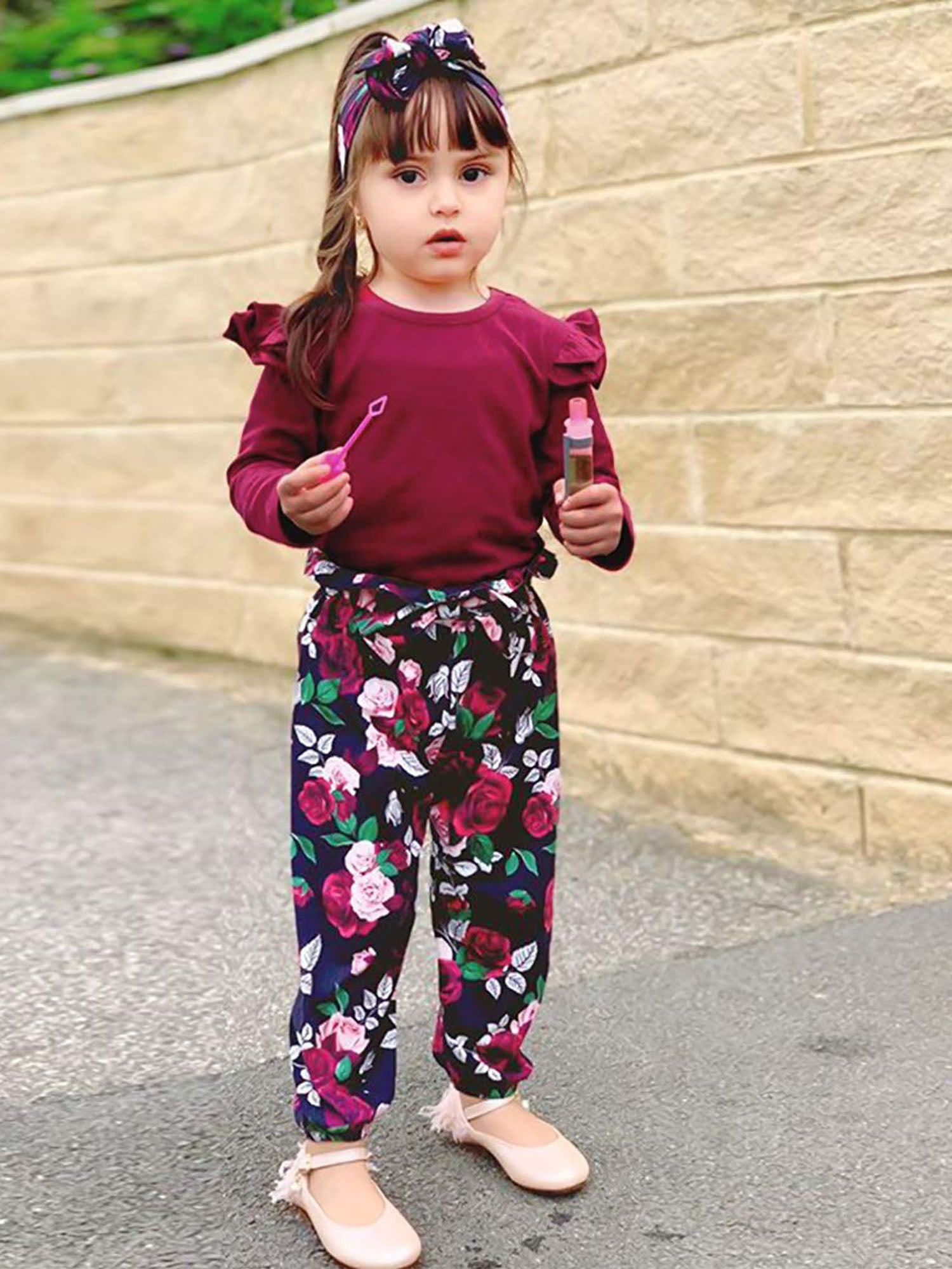 ZOEREA Toddler Baby Girl Clothes 3Pcs Long Sleeves Ruffle Dress Shirt Top Floral Pant Headband Set