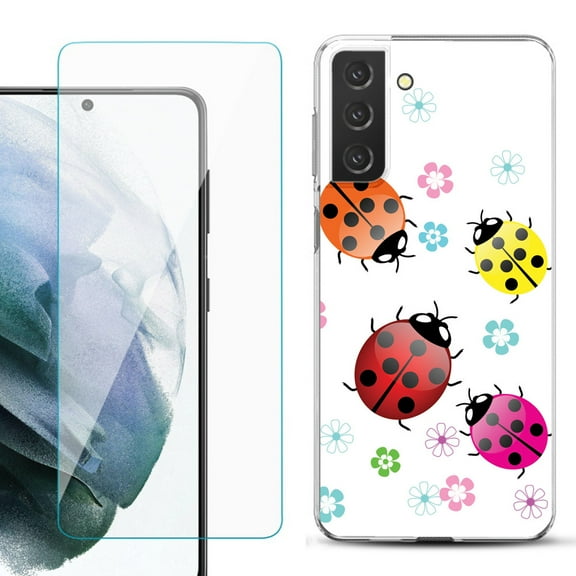 Slim-Fit TPU Fashion Phone Case for Samsung Galaxy S21 FE 5G Fan Edition, with Tempered Glass Screen Protector, by OneToughShield ® - Ladybug