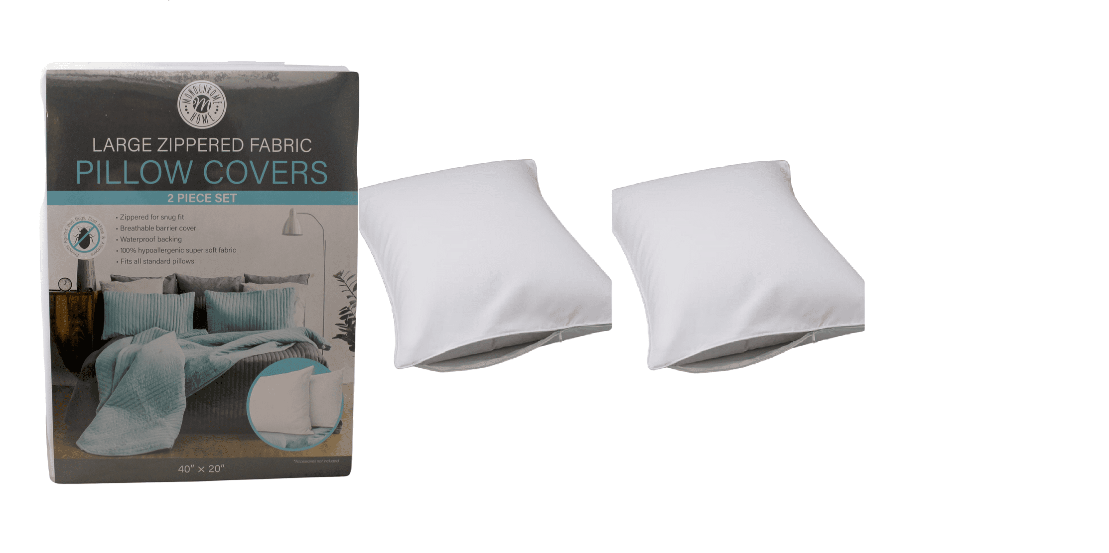 Dependable Industries 2 pack King Size White Deluxe Zippered Fabric Pillow Covers Case Protectors Sanitary Home Breathable 20' x 40'