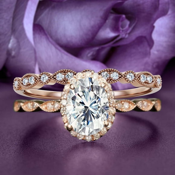Bespoke Art Deco 2.25 Carat Oval Cut Diamond Moissanite Engagement Ring, Halo Wedding Ring in 925 Sterling Silver With 18k Rose Gold Plating Promise Ring, Bridal Set, Matching Band