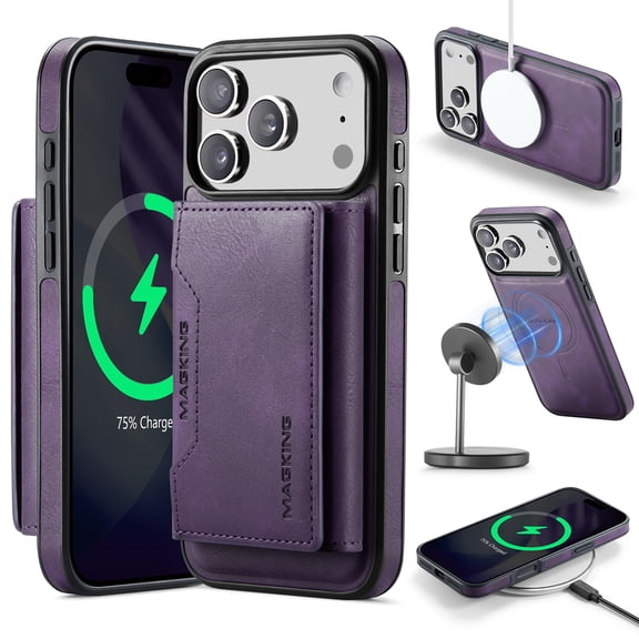 Allytechgroup Magnetic Compatible with iPhone 17 Pro Max Wallet Case, Detachable Cards Holder Wireless Charing Support Shockproof Protective Phone Cover for iPhone 17 Pro Max, Purple